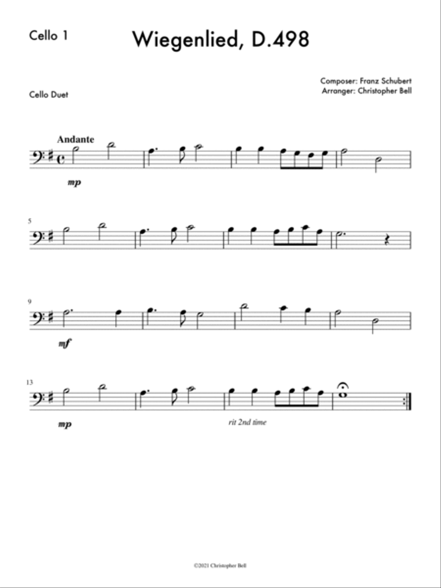 Wiegenlied, D.498 - Easy Cello Duet String Duet scores gallery preview page 2