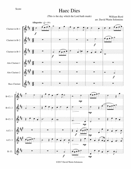 Haec Dies for clarinet sextet (3 B flat clarinets, 2 Alto clarinets and 1 Bass clarinet) image number null