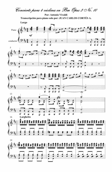 Concierto para 4 violines en Bm - Vivaldi Piano Solo - II Largo image number null