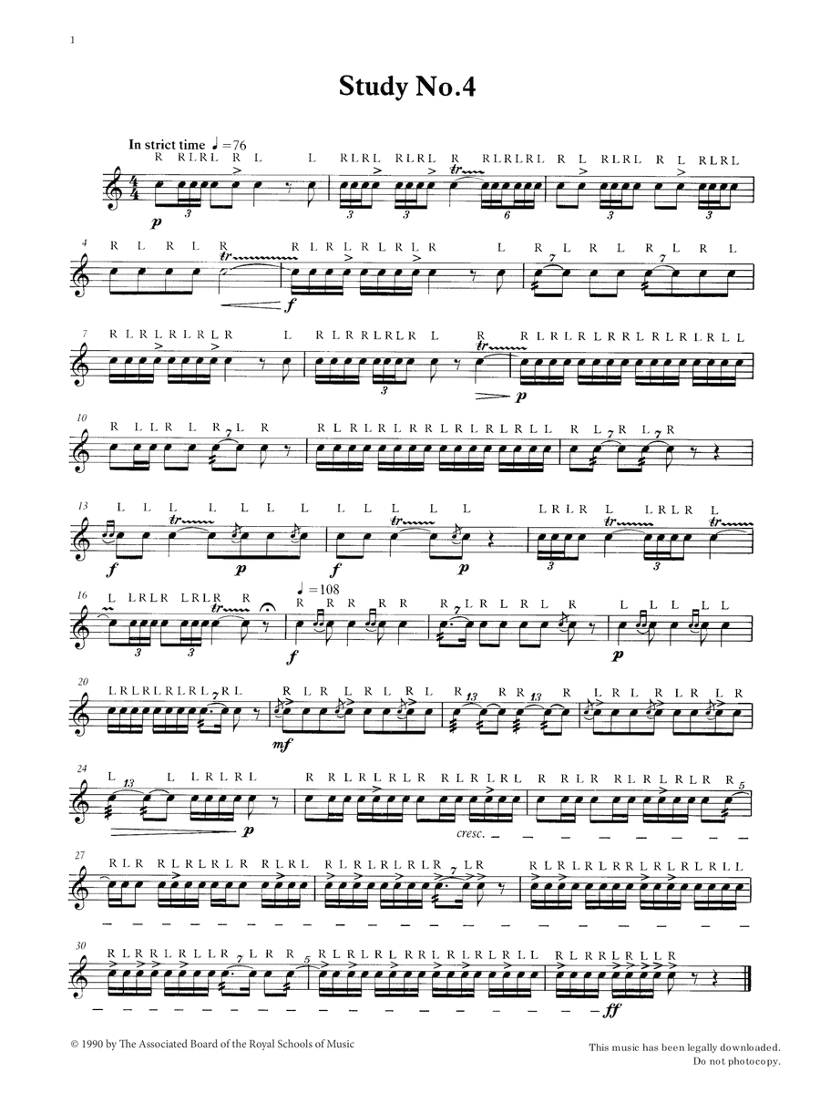 Study No.4 from Graded Music for Snare Drum, Book II Percussion scores gallery preview page 1