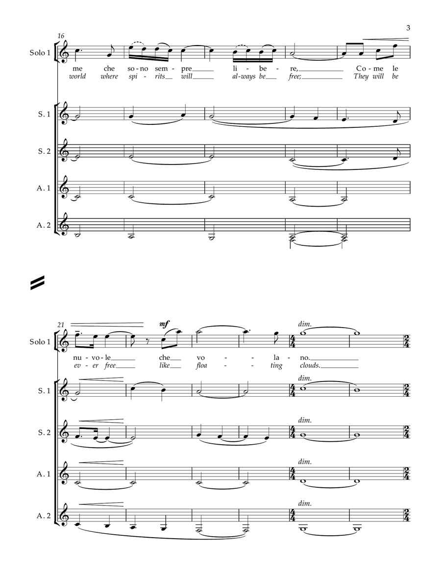 Gabriel's Oboe (Nella Fantasia), for Ladies a cappella (Solo 1, Solo 2, Solo 3, S.S A.A.) SSAA scores gallery preview page 3