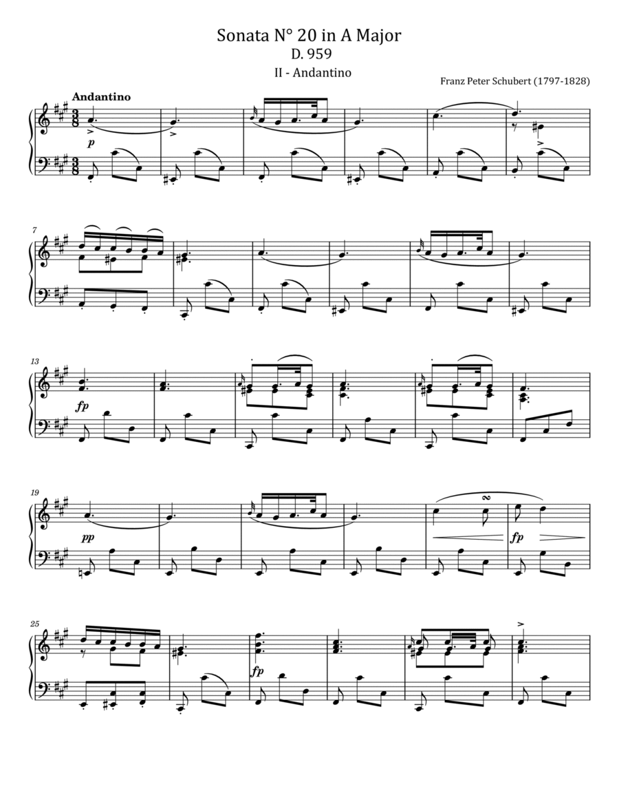 Schubert - Piano Sonata No.20 in A major, D.959 - II.Andantino - Original For Piano Solo Piano Solo scores gallery preview page 1