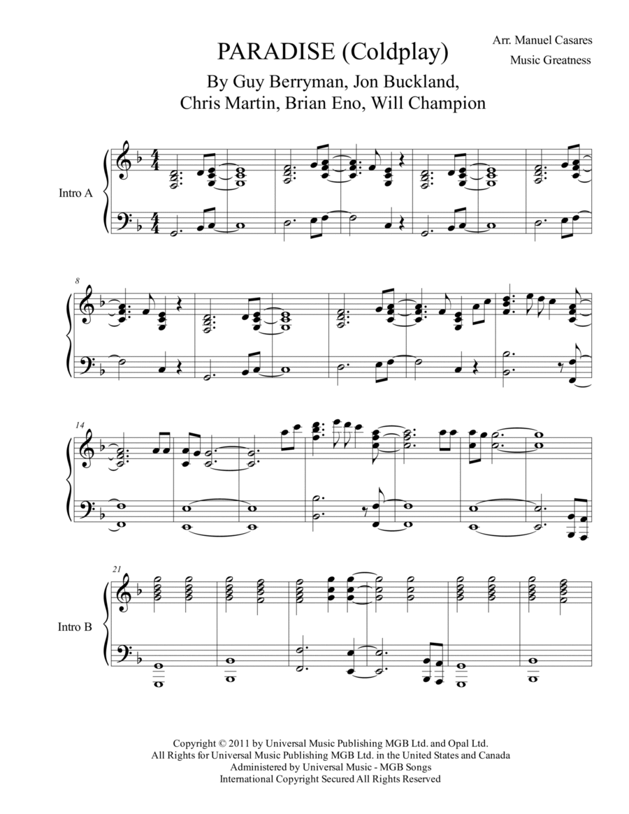 Paradise Piano Solo scores gallery preview page 1