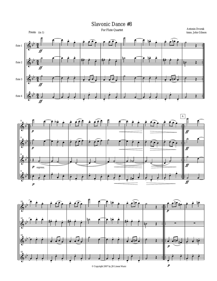 Dvorak Slavonic Dance #8 for Flute Quartet Flute Quartet scores gallery preview page 1