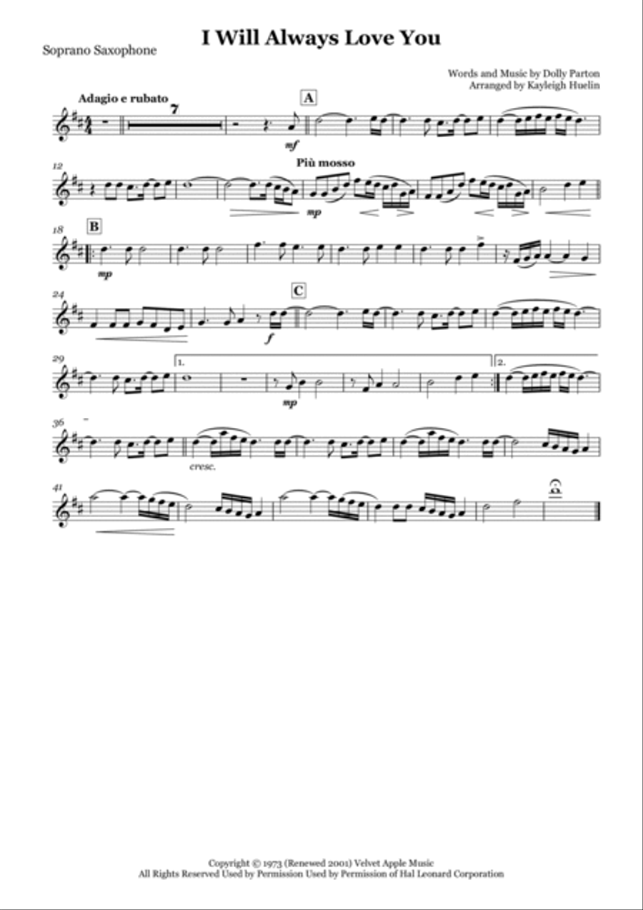 I Will Always Love You Saxophone Quintet scores gallery preview page 5