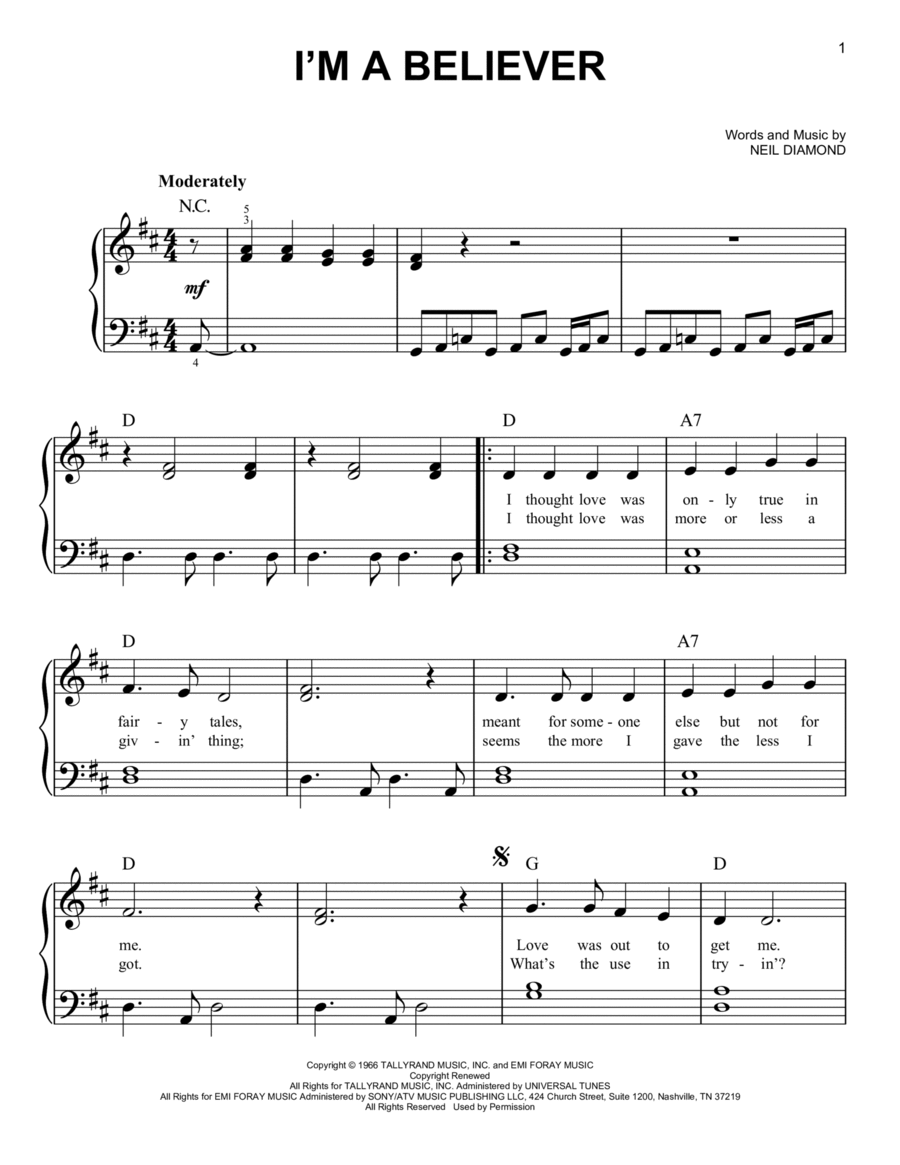 I'm A Believer Easy Piano scores gallery preview page 1