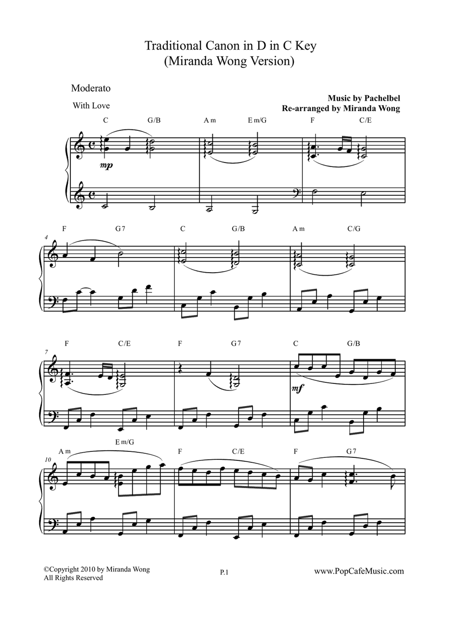 Traditional Canon in D + Romantic Wedding March (C Key Versions) Piano Solo scores gallery preview page 1