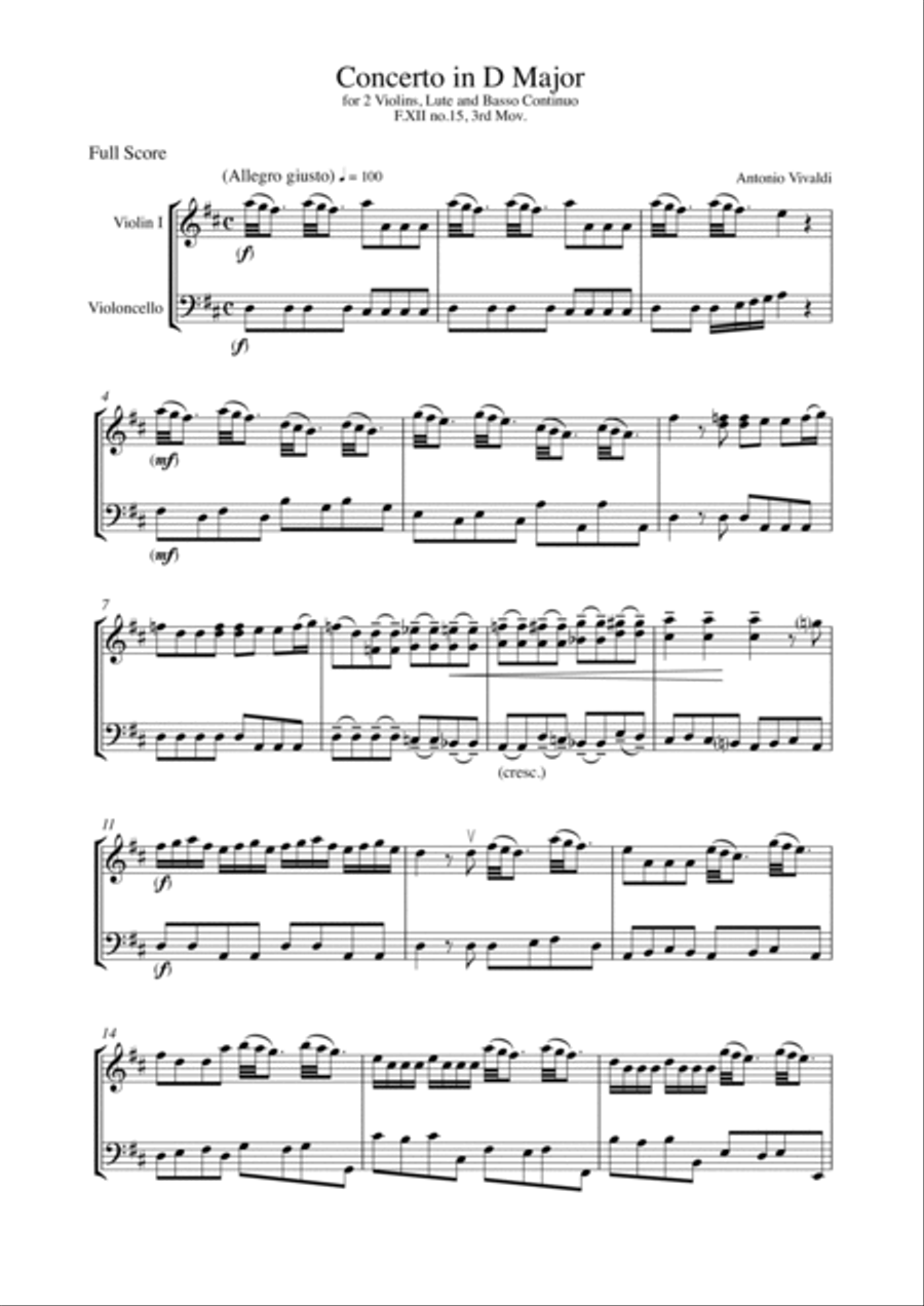 CONCERTO IN D MAJOR FOR 2 VIOLINS, LUTE AND BASSO CONTINUO, F.XII NO.15, 3rd Mov., STRING DUO String Duet scores gallery preview page 4