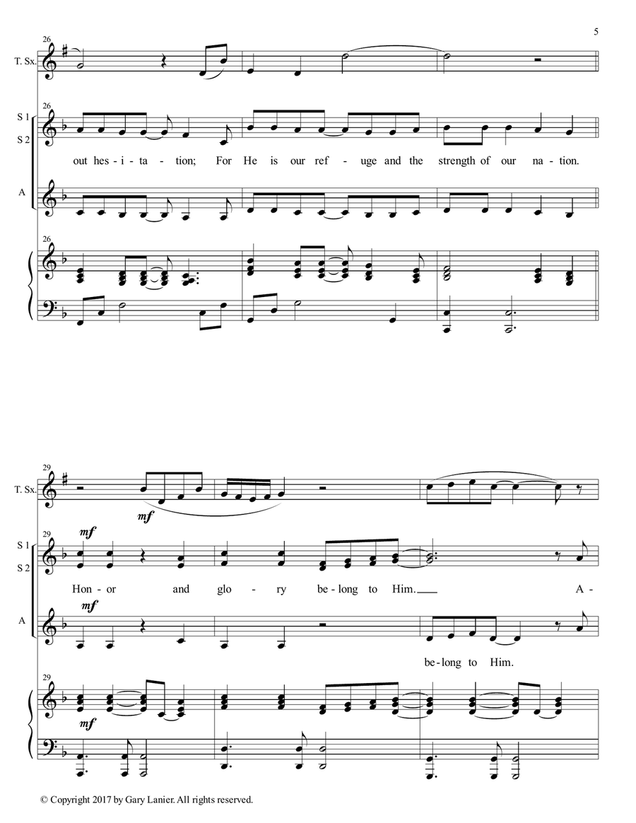AMERICA, HONOR GOD (Ladies Trio - SSA with Tenor Sax & Piano) SSA scores gallery preview page 6