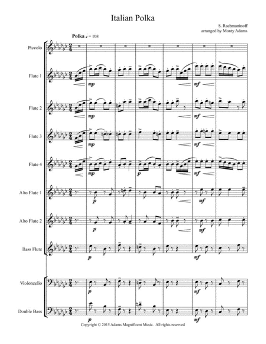Italian Polka by Sergei Rachmaninoff arranged for flute choir - Pic, 4 C flutes, 2 alto lutes, bass Flute Choir scores gallery preview page 2