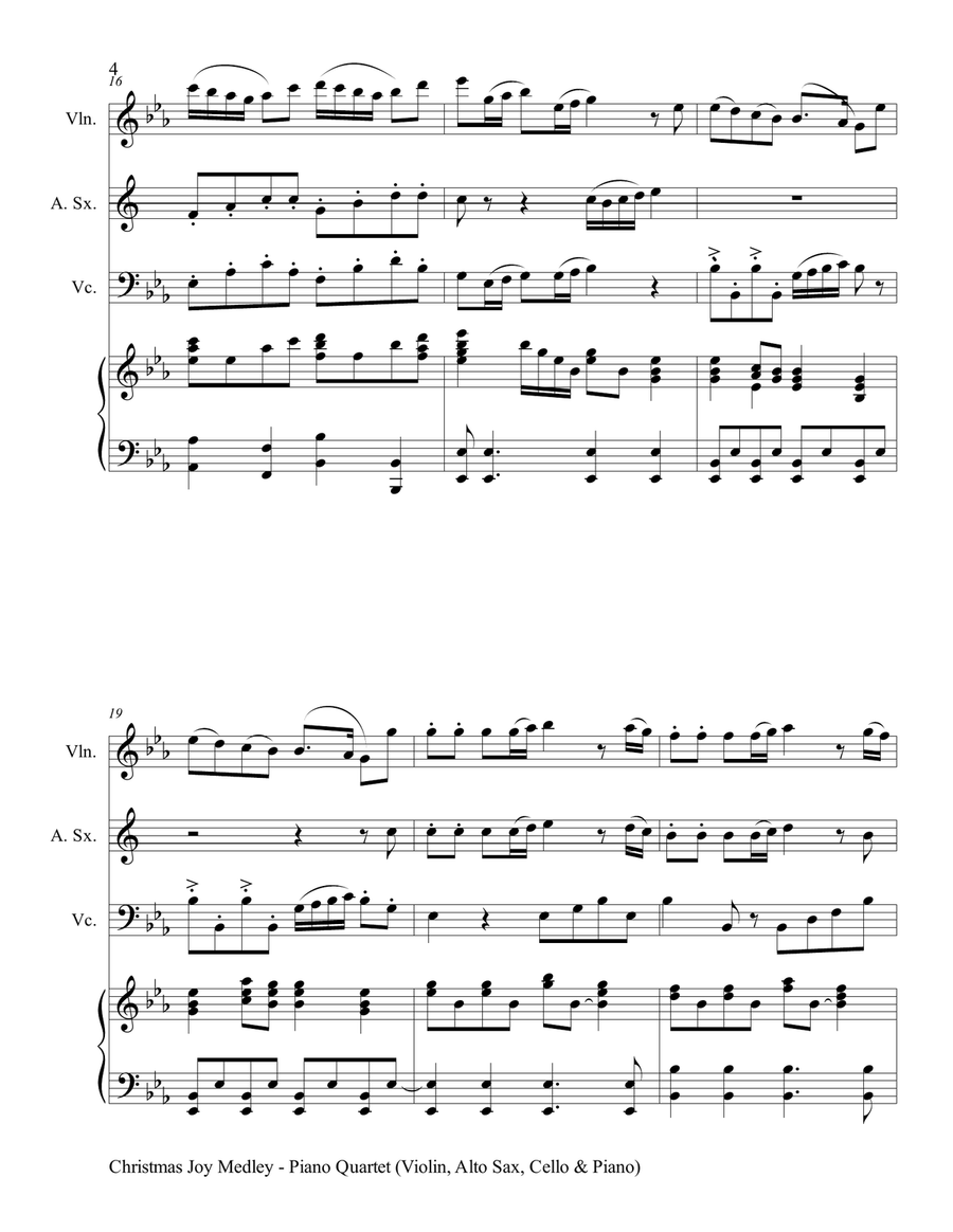 CHRISTMAS JOY MEDLEY (Piano Quartet - Violin, Alto Sax, Cello and Piano with Score & Parts) Piano Quartet scores gallery preview page 5