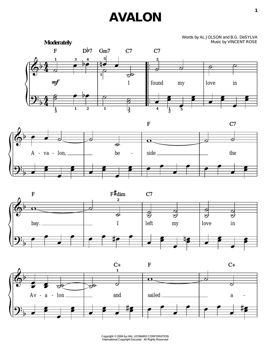 Avalon Easy Piano scores gallery preview page 1