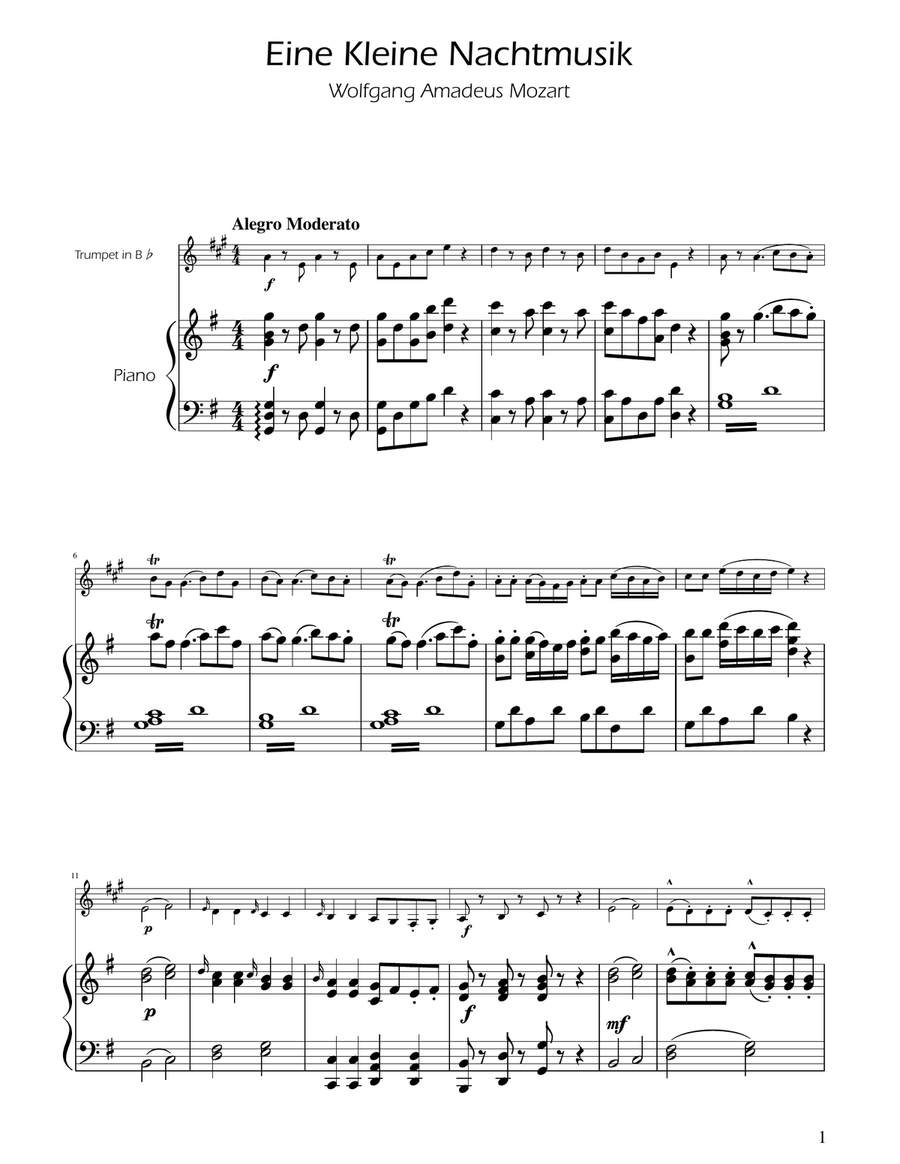 Mozart: Eine Kleine Nachtmusik (K.525) - Trumpet Solo w/ Piano B-Flat Trumpet scores gallery preview page 1