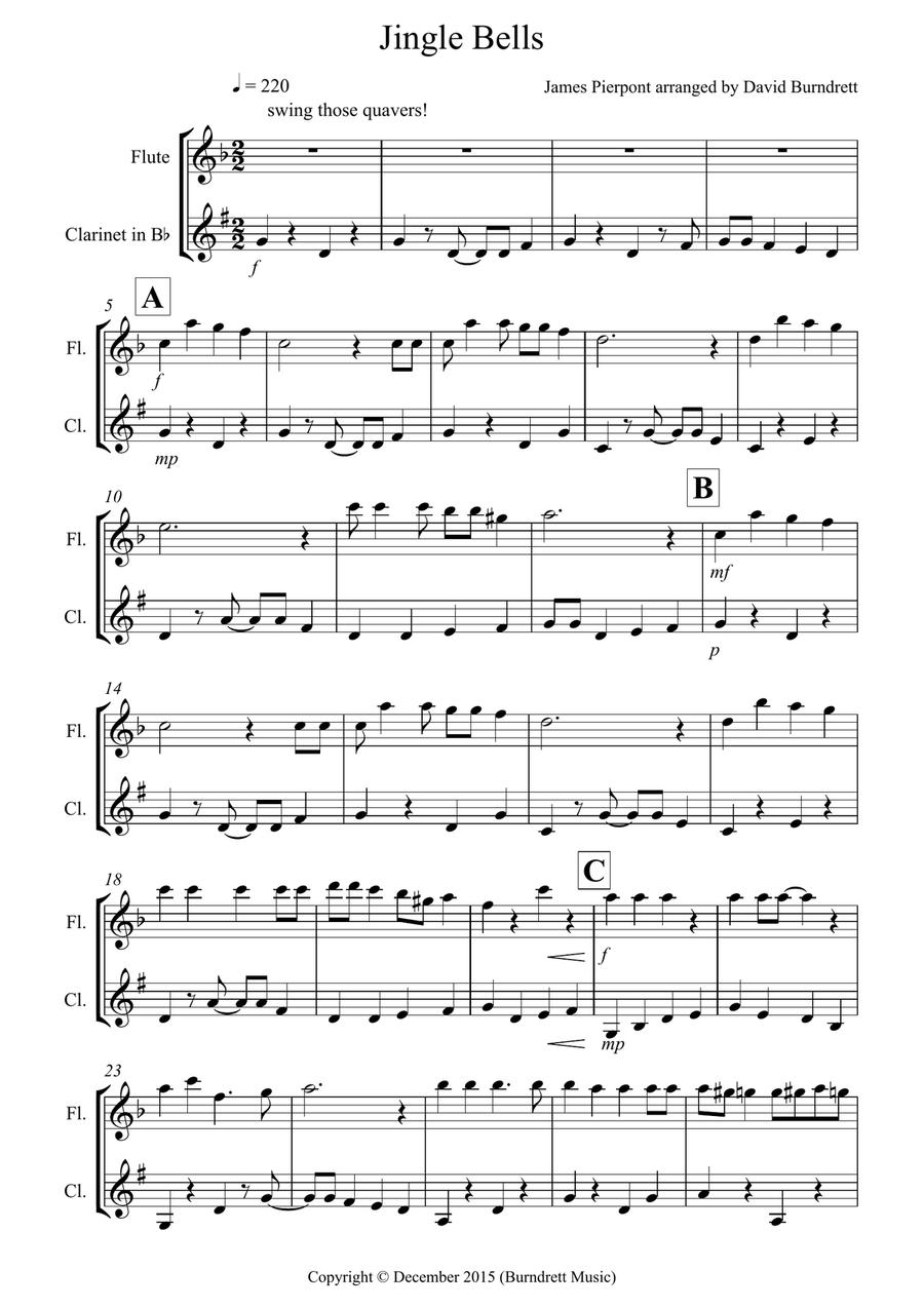 Jingle Bells Jazzy Style for Flute and Clarinet Duet by James