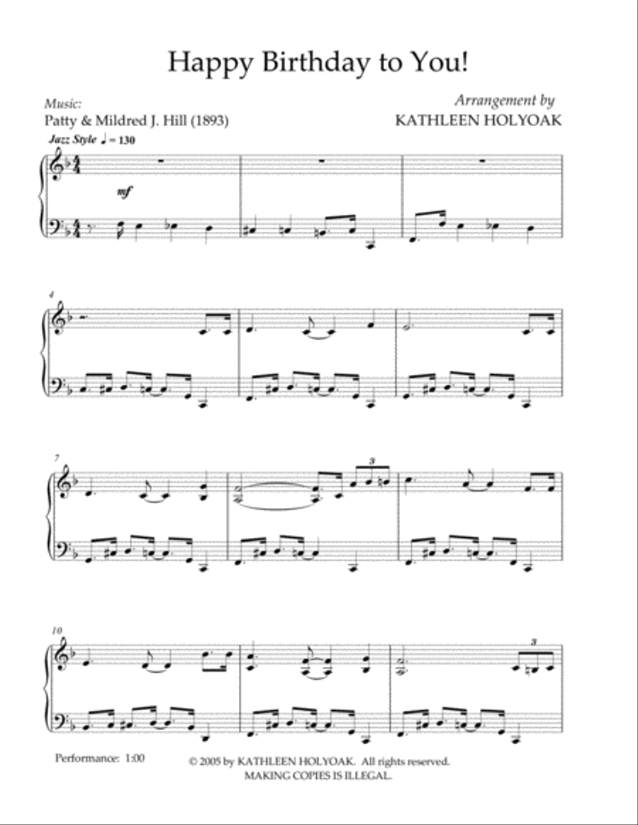 Happy Birthday to You! (Piano solo) arranged by Kathleen Holyoak Piano Solo scores gallery preview page 2