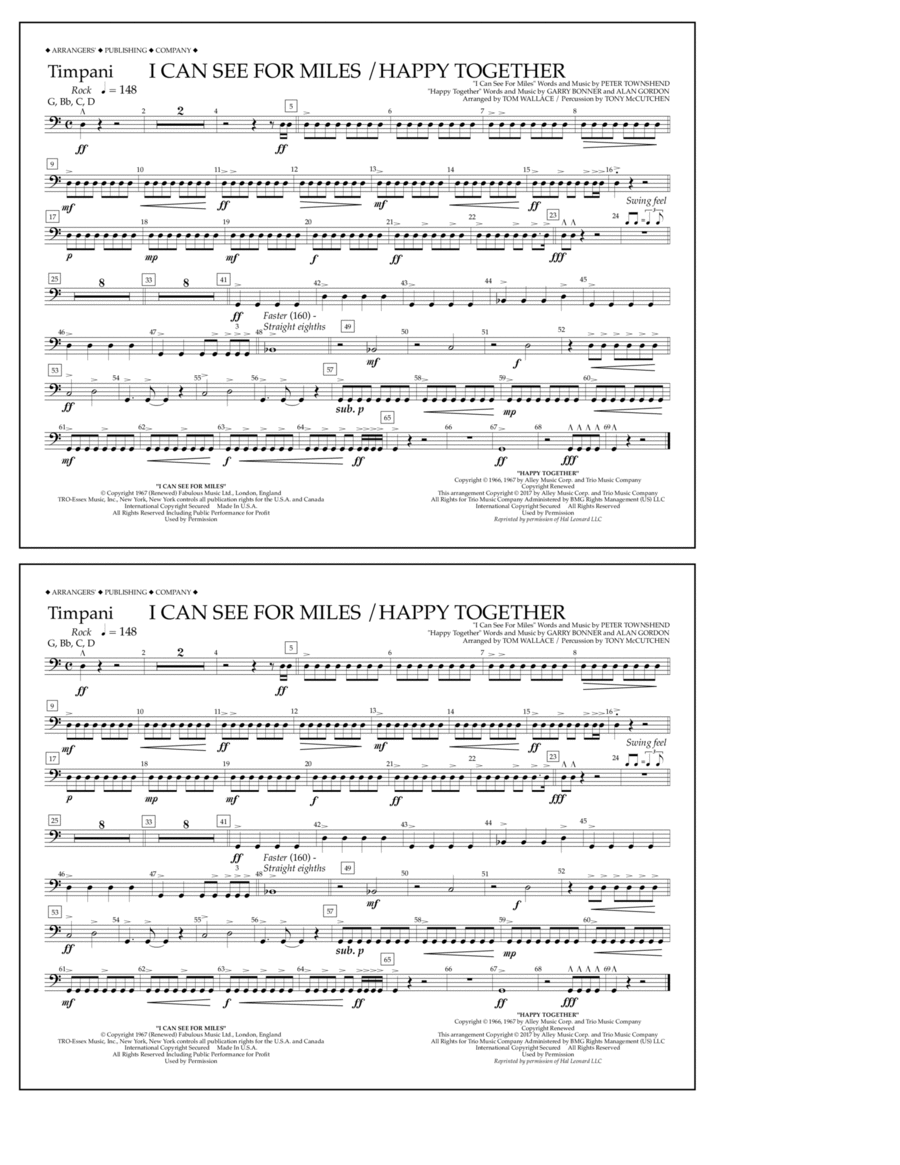 I Can See for Miles/Happy Together - Timpani Marching Band scores gallery preview page 1