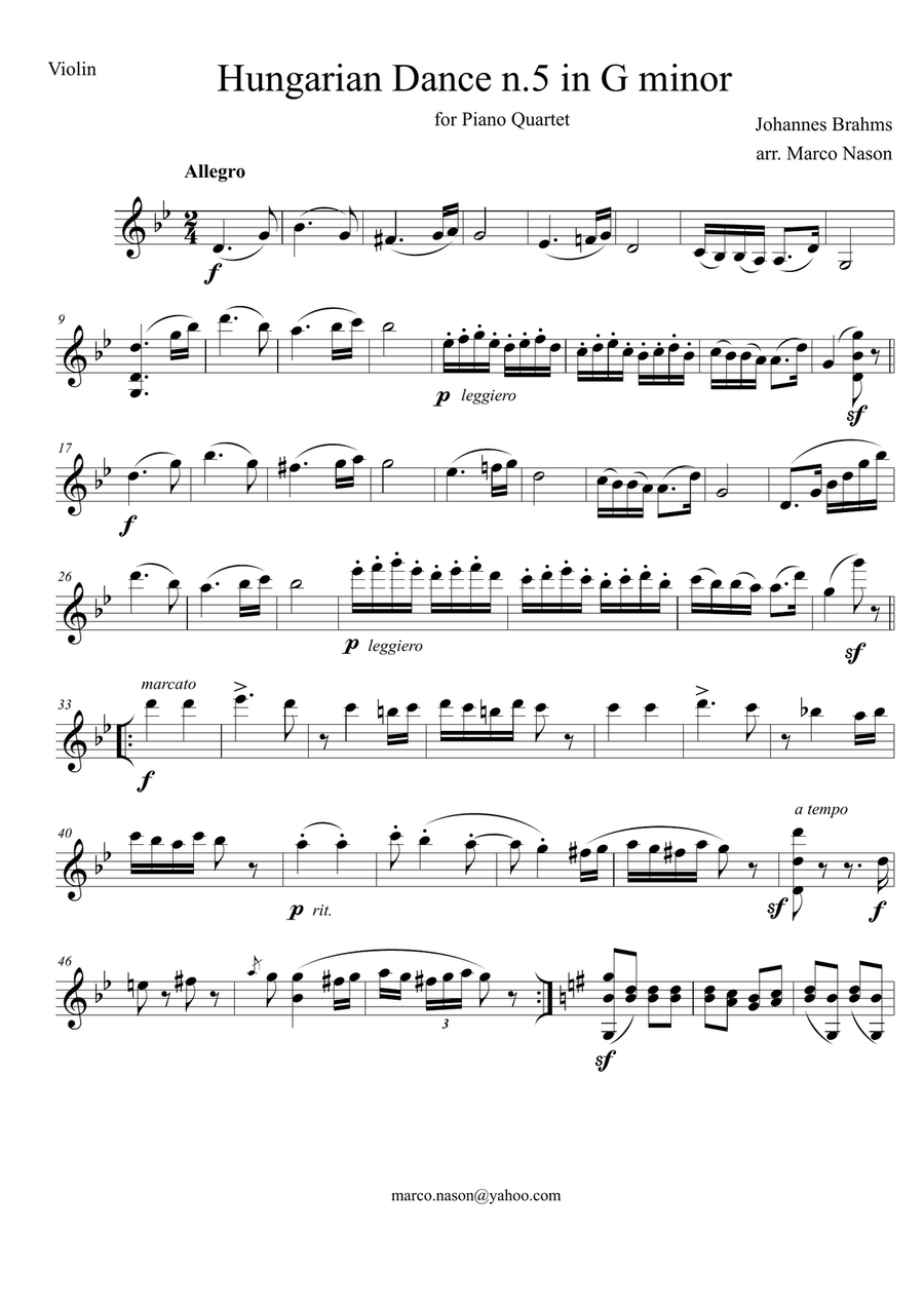 Brahms - Hungarian Dance n.5 in G minor for Piano Quartet Piano Quartet scores gallery preview page 1