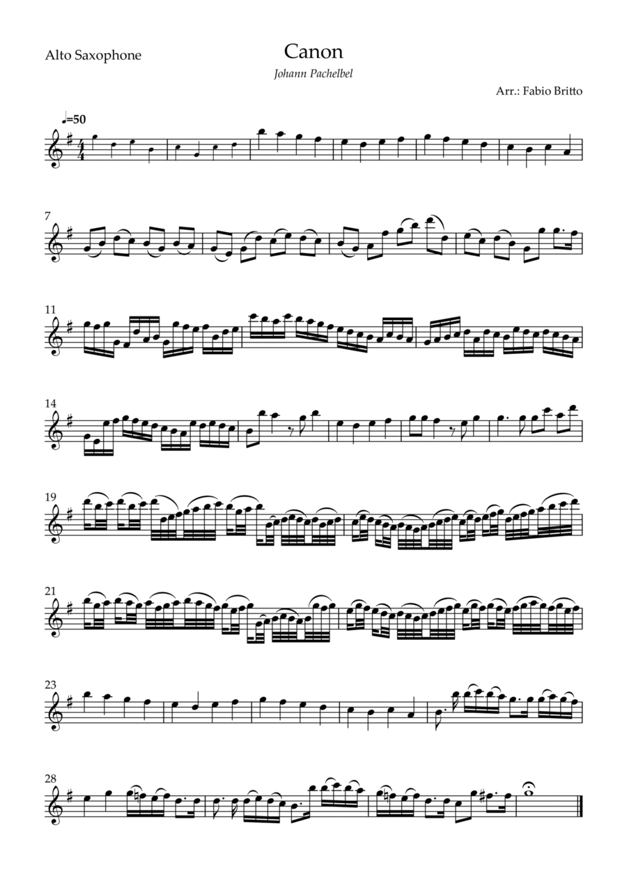 Canon - Johann Pachelbel (Wedding/Reduced Version) for Alto Saxophone Solo Alto Saxophone scores gallery preview page 1