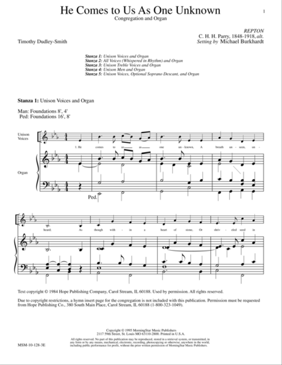 He Comes to Us as One Unknown (Repton) Choir scores gallery preview page 1