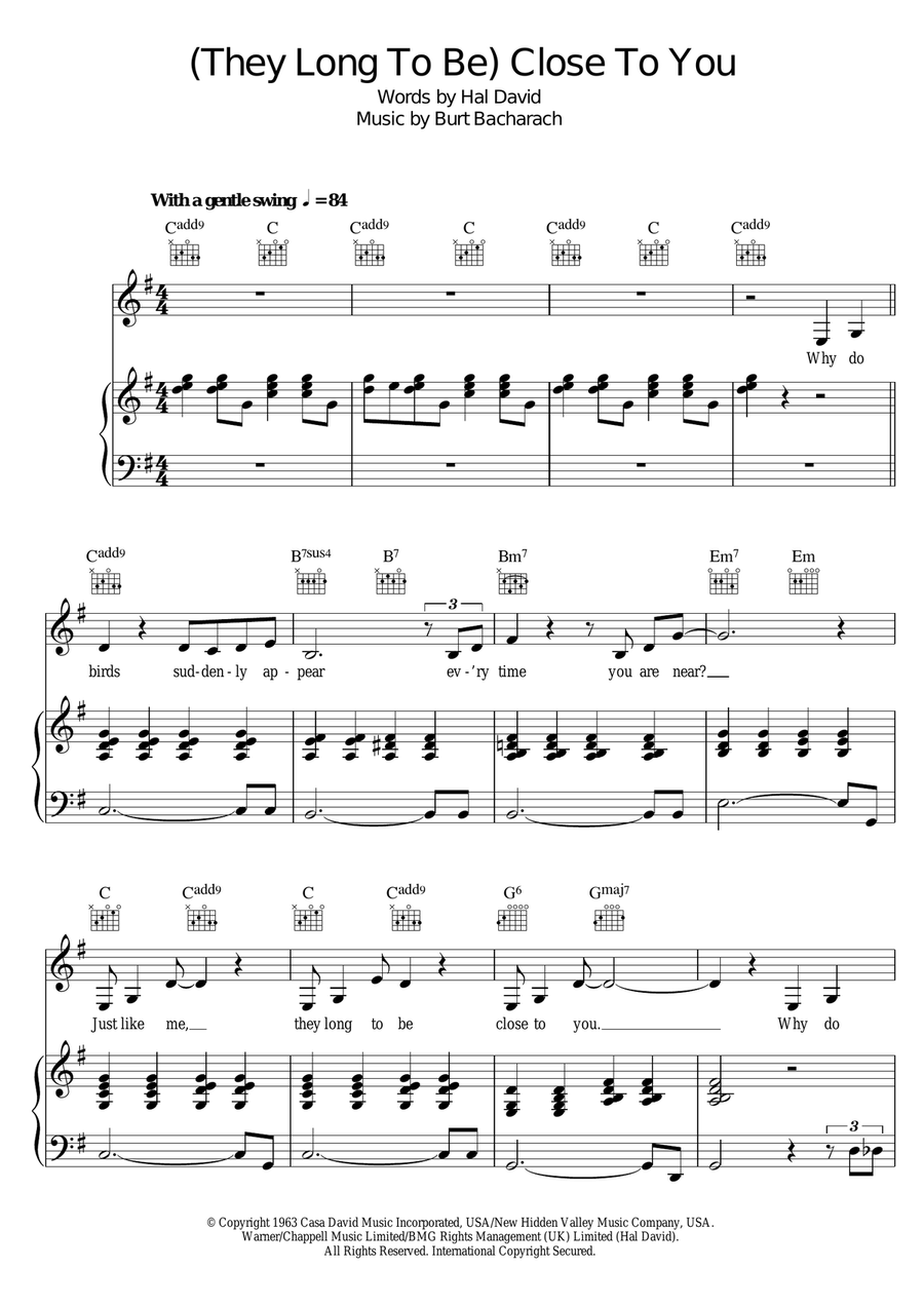 (They Long To Be) Close To You Piano, Vocal scores gallery preview page 1