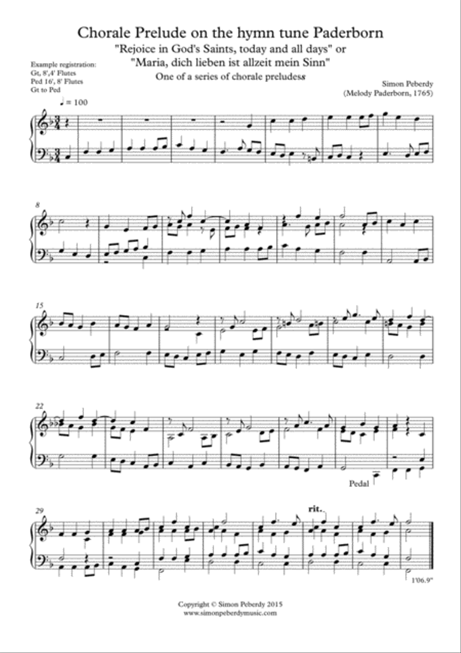Organ Chorale Prelude on Paderborn (Rejoice in God's saints / Maria, dich lieben..) Simon Peberdy Organ Solo scores gallery preview page 1