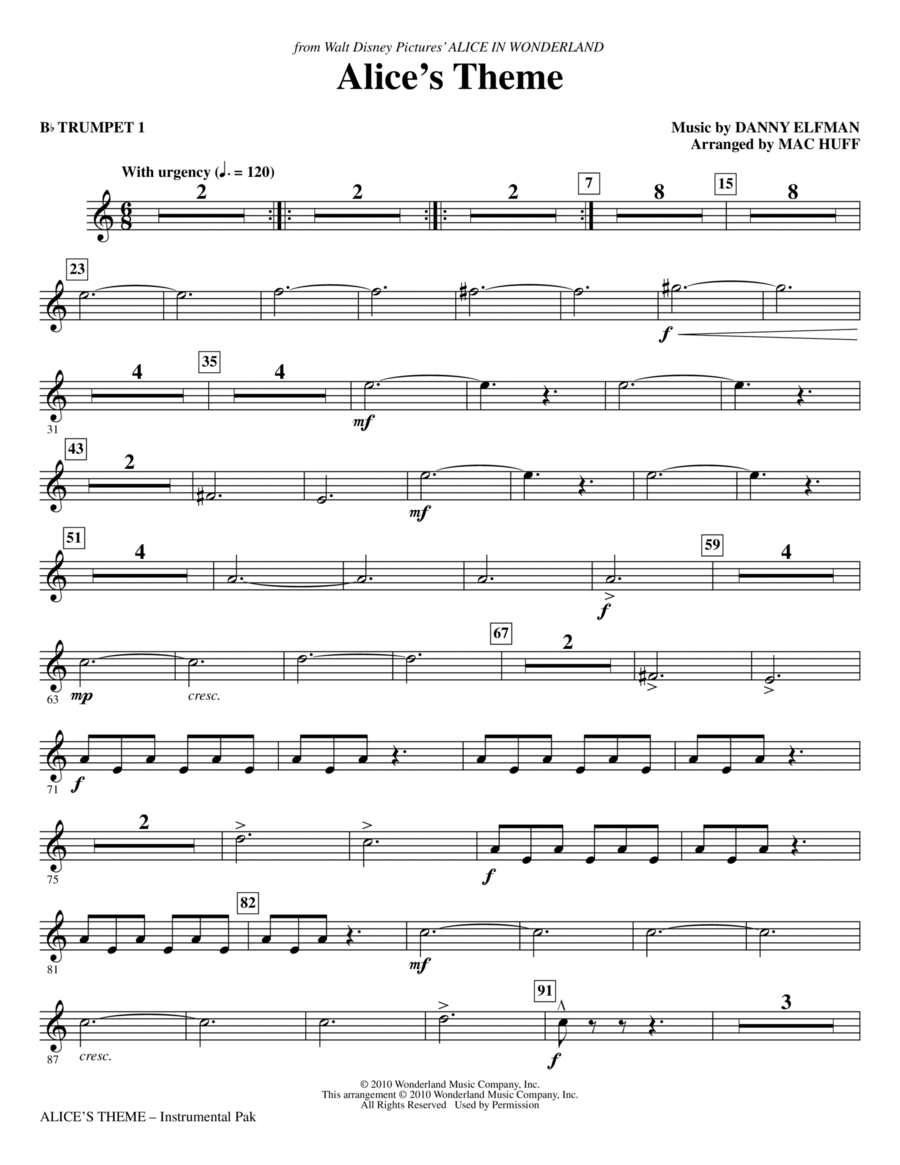 Alice's Theme (from Alice In Wonderland) (arr. Mac Huff) - Bb Trumpet 1 Choir scores gallery preview page 1