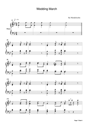 Mendelssohn,Wedding March,Piano Solo Sheet,B Flat