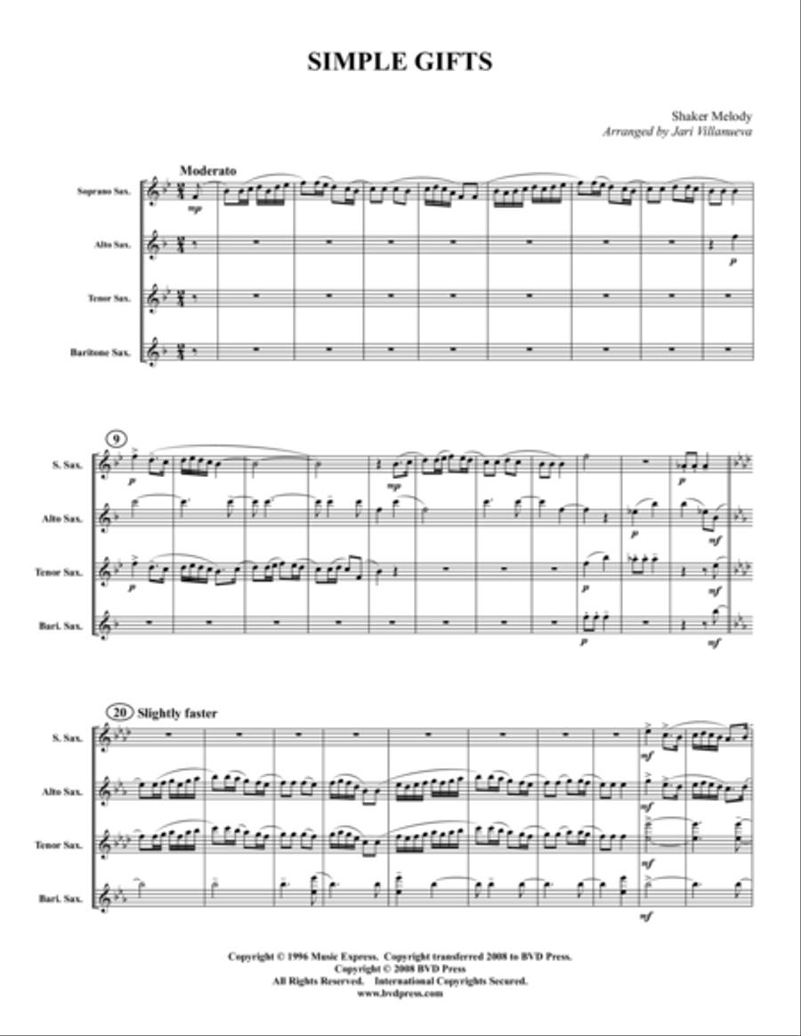 Simple Gifts Saxophone Quartet scores gallery preview page 1