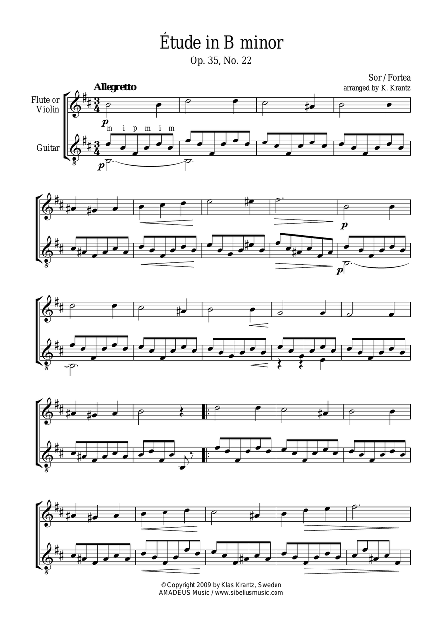 Étude (study) in B Minor Op. 35 No. 22 for violin or flute and guitar Flute scores gallery preview page 1