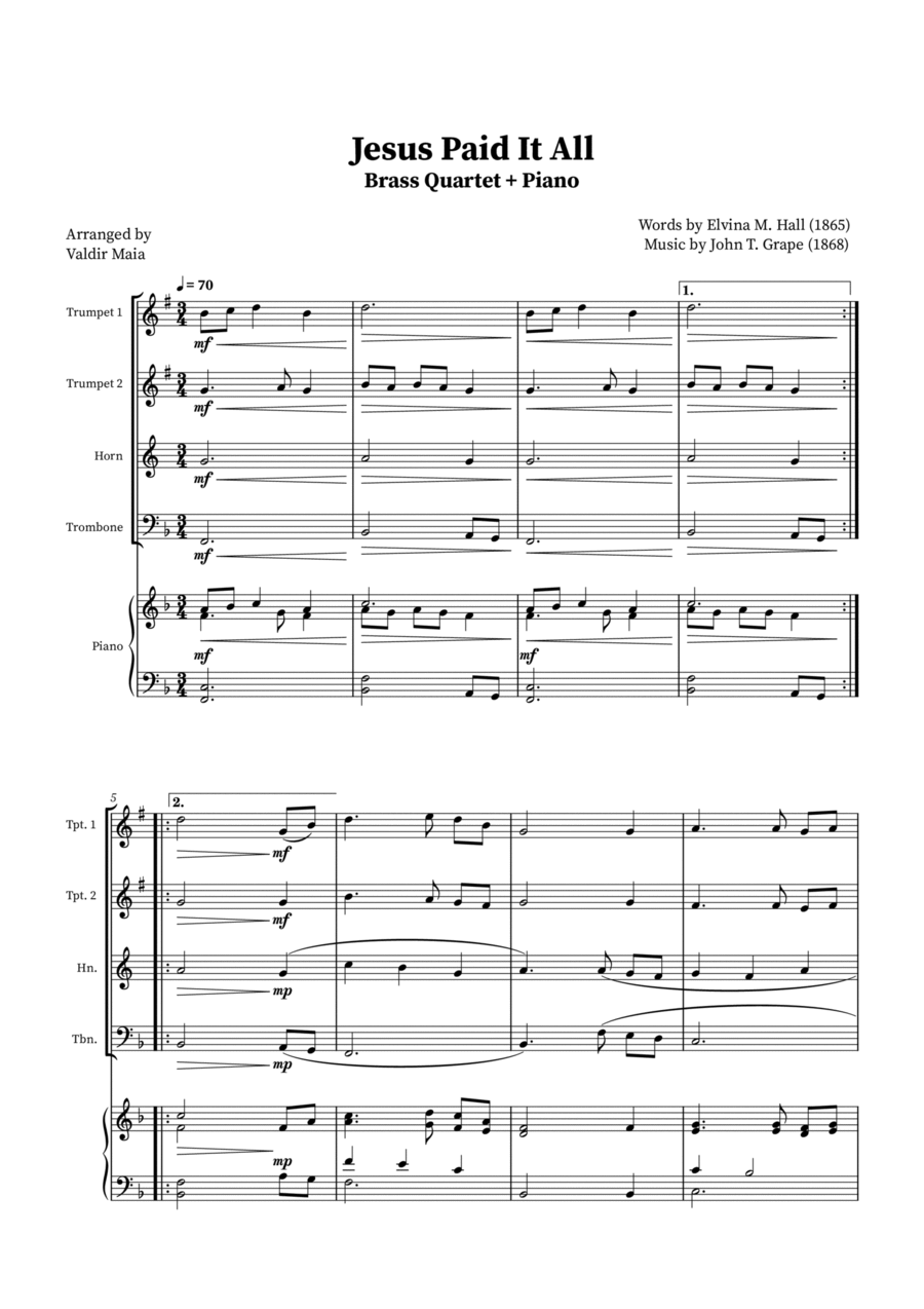 Jesus Paid It All - Brass Quartet and Piano Brass Quartet scores gallery preview page 1