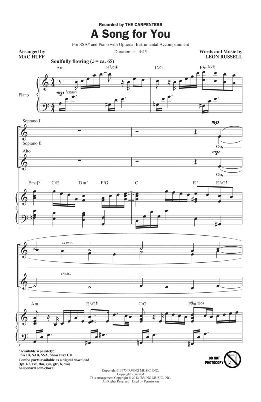A Song For You (arr. Mac Huff) SSA scores gallery preview page 1