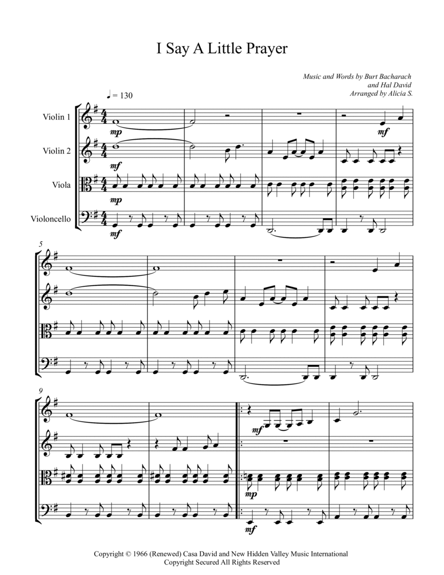 I Say A Little Prayer String Quartet scores gallery preview page 1