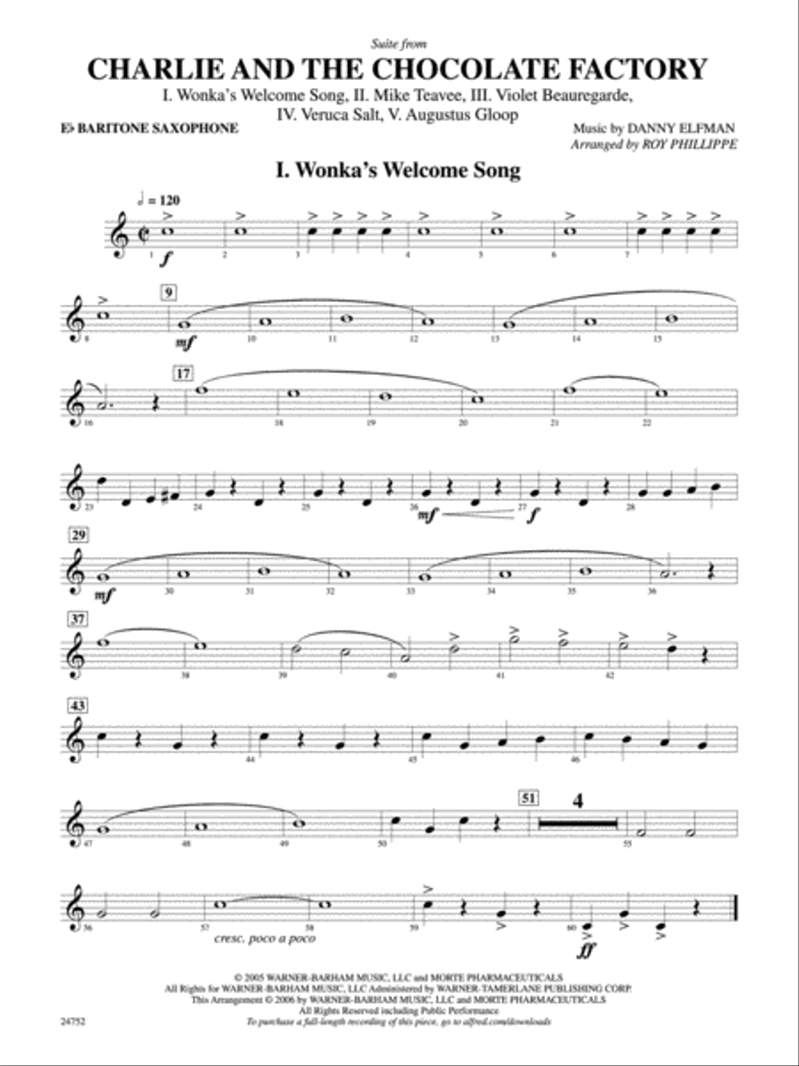 Charlie and the Chocolate Factory, Suite from: E-flat Baritone Saxophone Concert Band scores gallery preview page 1