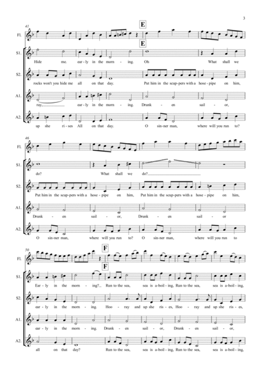 Drunken Sailor Partnered with O Sinner Man. Arrangement for SSAA and solo instrument (Piccolo, flut image number null