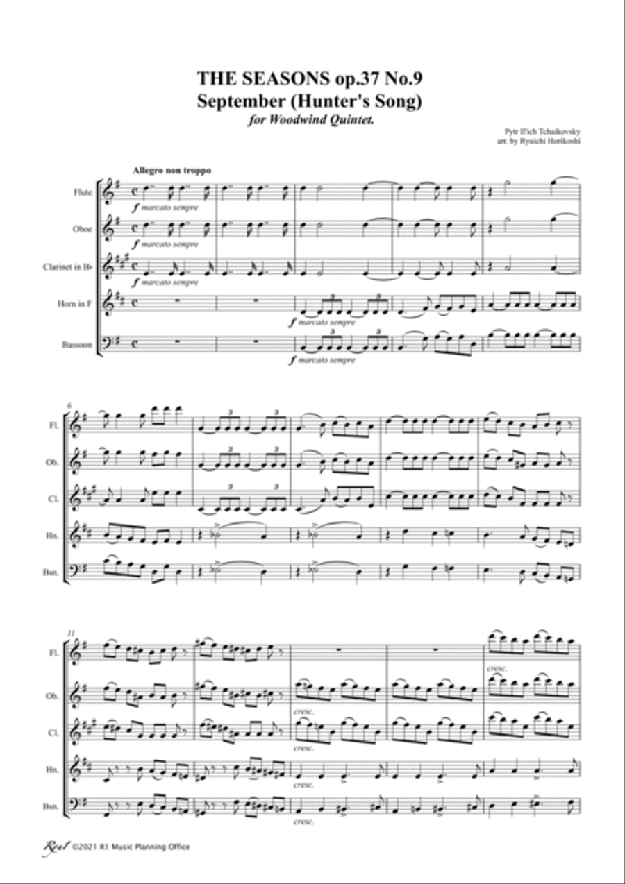 Tchaikovsky: The Seasons Op37 No.9 September (Hunter’s Song) Tchaikovsky: The Seasons Op37 No.9 September (Hunter’s Song) Woodwind Quintet scores gallery preview page 3