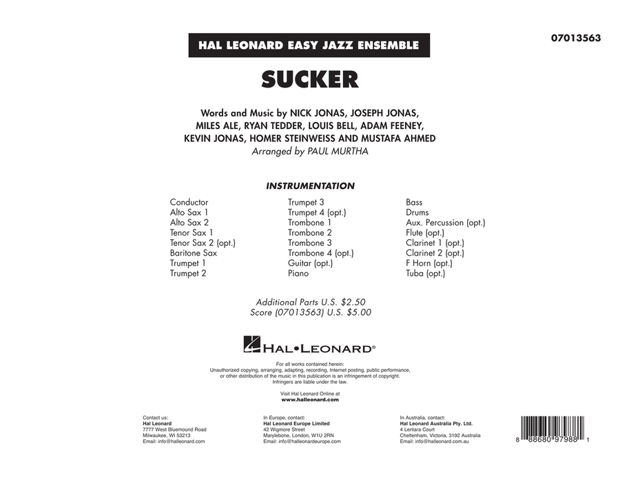 Sucker (arr. Paul Murtha) - Conductor Score (Full Score)