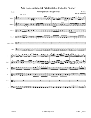 Bach: Aria from cantata 54 "Widerstehe doch der Sünde" arranged for 2 Violins, 2 Violas, and Alto V