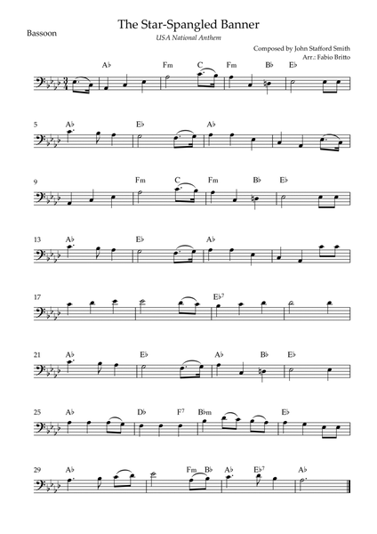 The Star Spangled Banner (USA National Anthem) for Bassoon Solo with Chords (Ab Major)