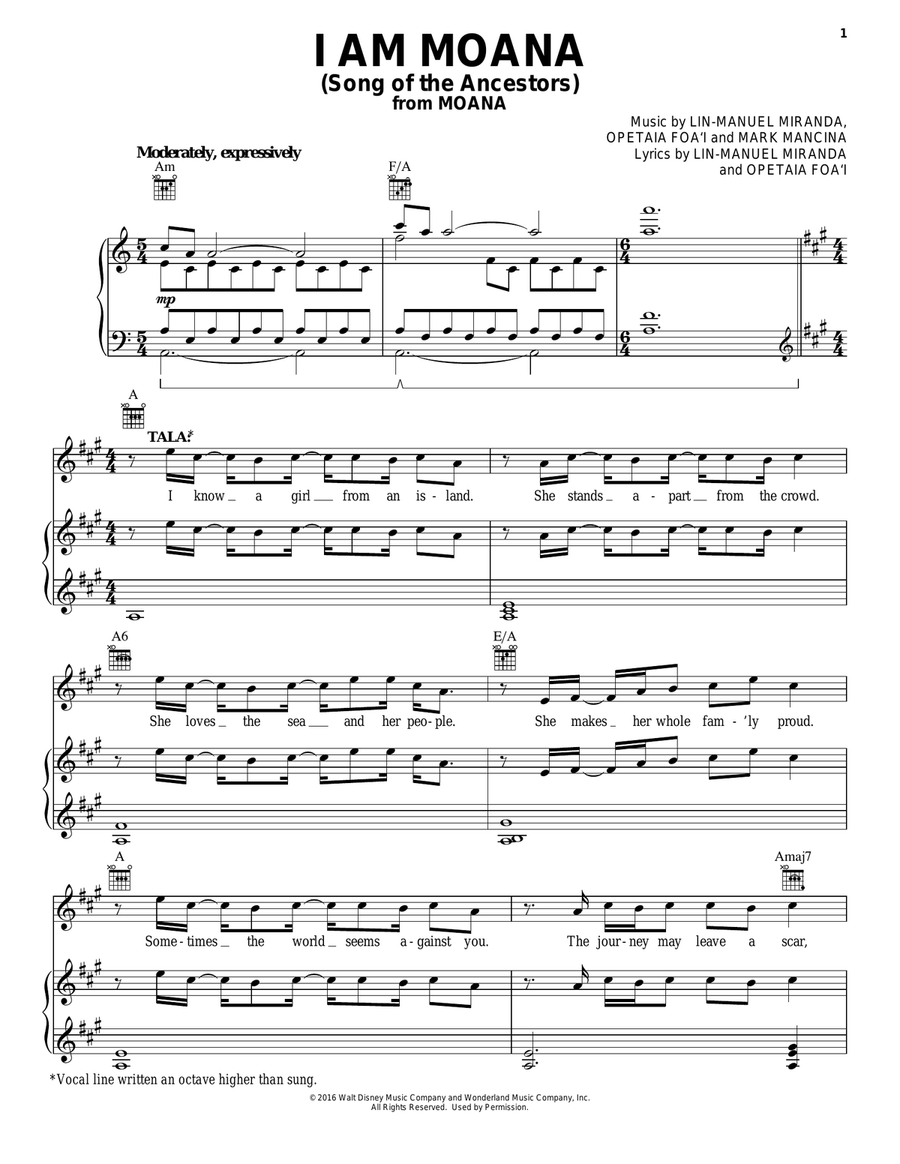 I Am Moana (Song Of The Ancestors) (from Moana) Piano, Vocal, Guitar scores gallery preview page 1