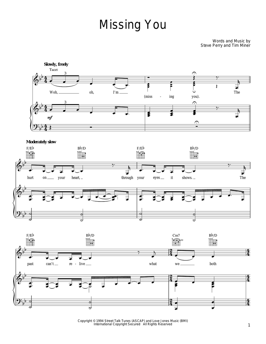 Missing You Missing You Piano, Vocal, Guitar scores gallery preview page 1