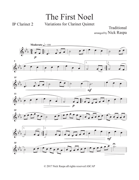 The First Noel (Variations for Clarinet Quintet) Bb Clarinet 2 part