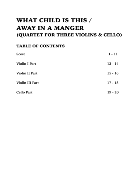 Christmas Medley (What Child is This / Away in a Manger): String Quartet for Three Violins and Cello image number null