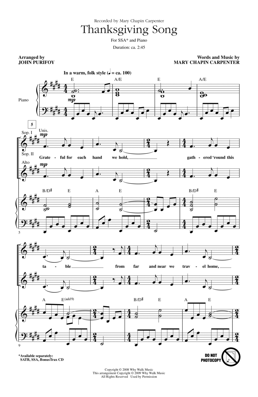 Thanksgiving Song (arr. John Purifoy) SSA scores gallery preview page 1