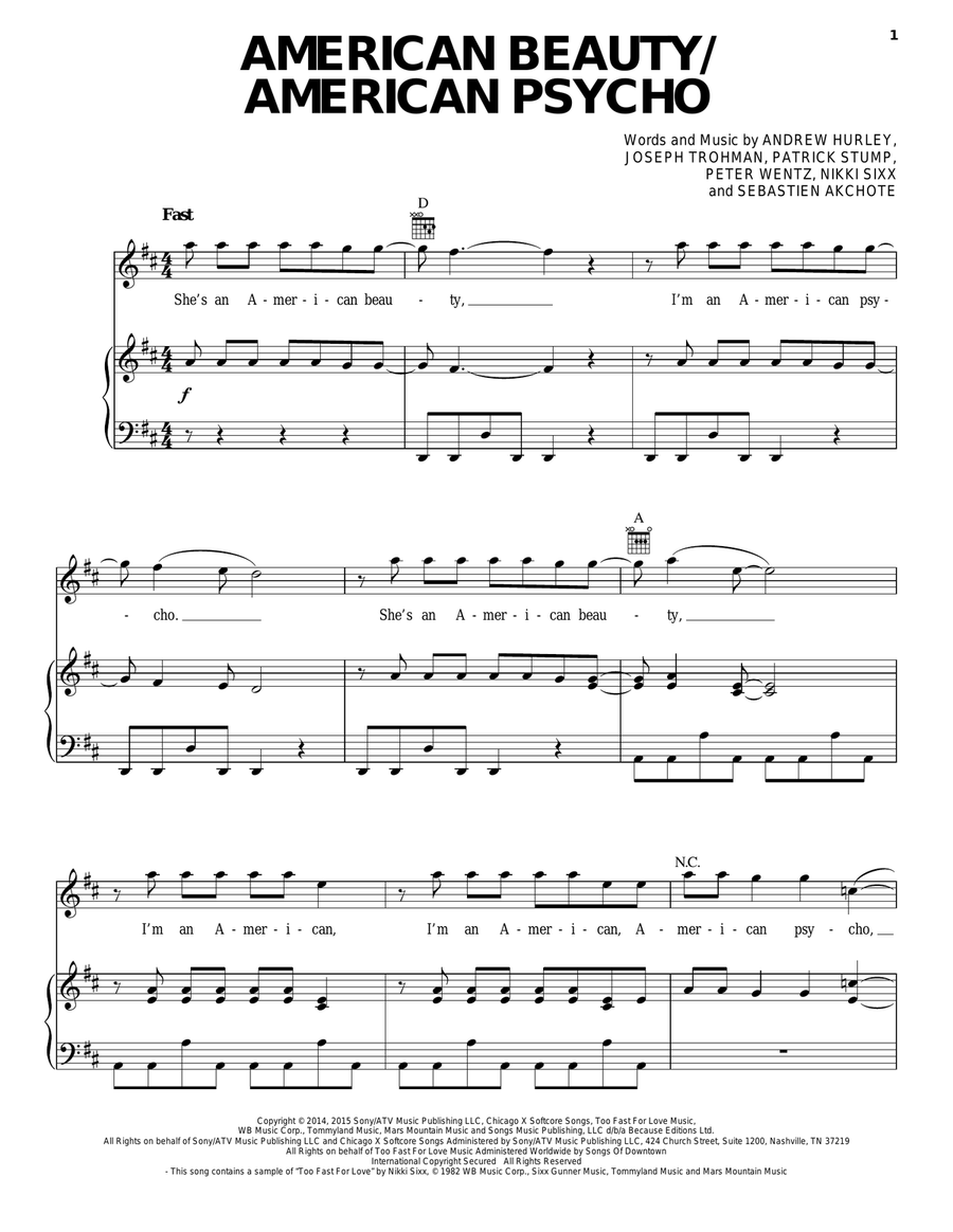 American Beauty/American Psycho Piano, Vocal, Guitar scores gallery preview page 1