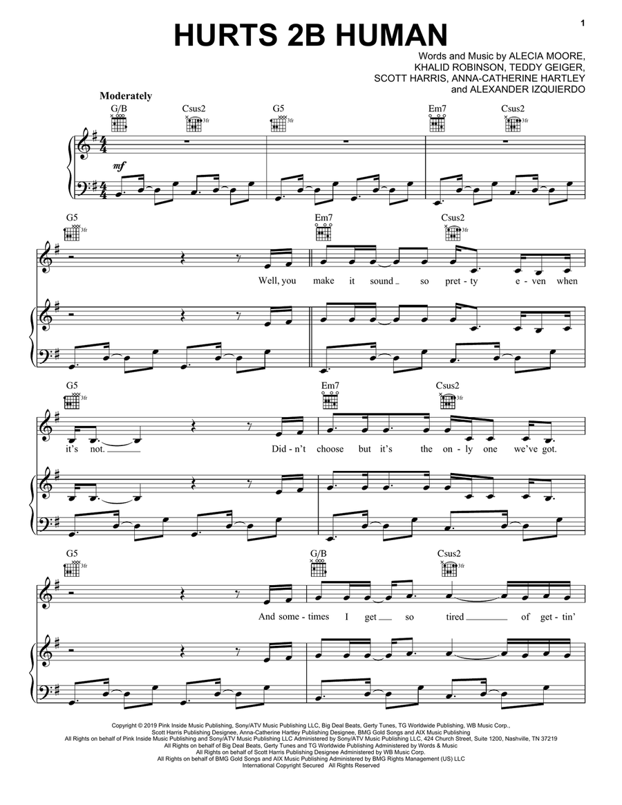 Hurts 2B Human (feat. Khalid) Piano, Vocal, Guitar scores gallery preview page 1