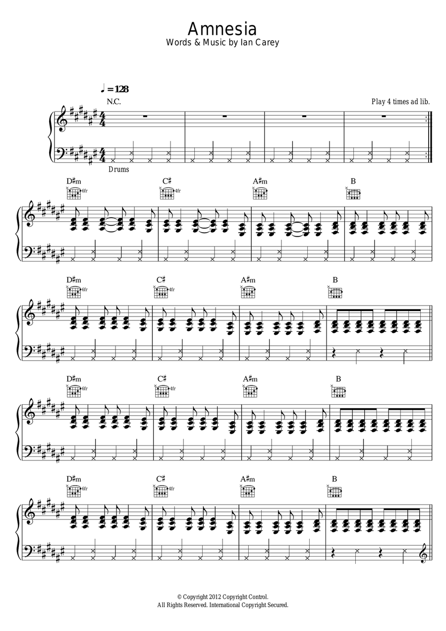 Amnesia (featuring Timbaland and Brasco) Piano, Vocal scores gallery preview page 1
