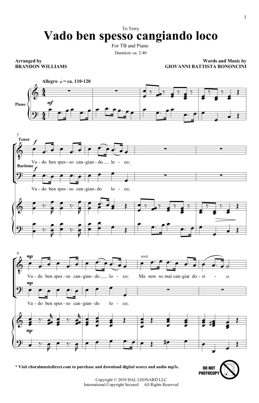 Book cover for Vado Ben Spesso Cangiando Loco (arr. Brandon Williams)