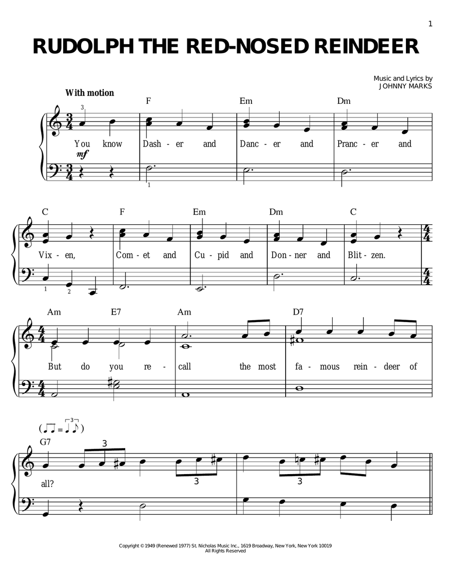 Rudolph The Red-Nosed Reindeer Easy Piano scores gallery preview page 1