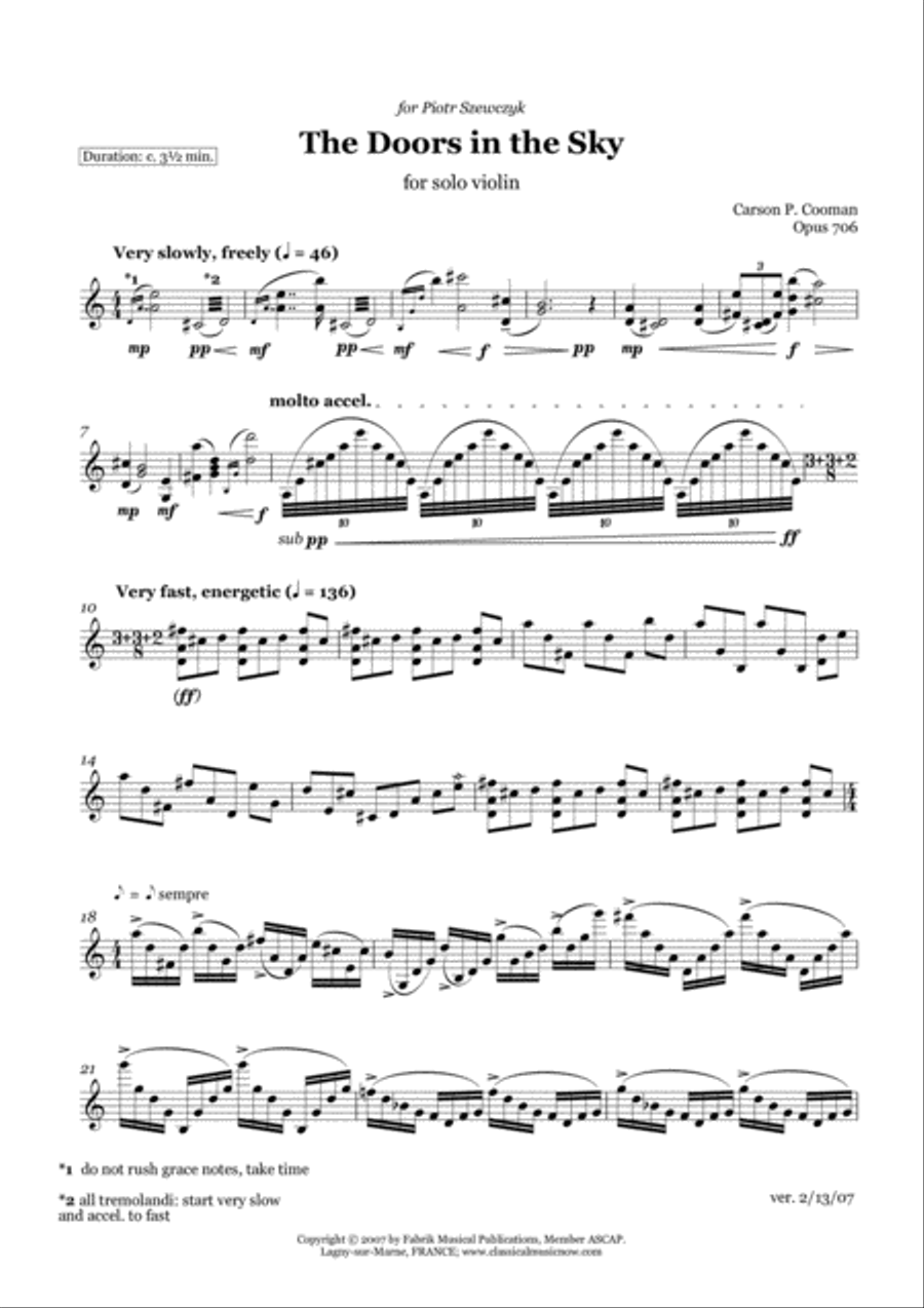 Carson Cooman: The Doors in the Sky (2007) for violin Violin Solo scores gallery preview page 2