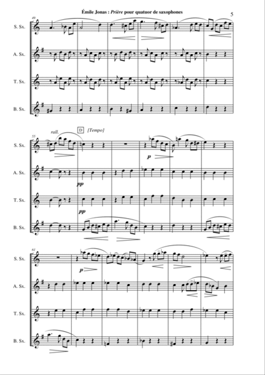 Emile Jonas: Prière for SATB saxophone quartet